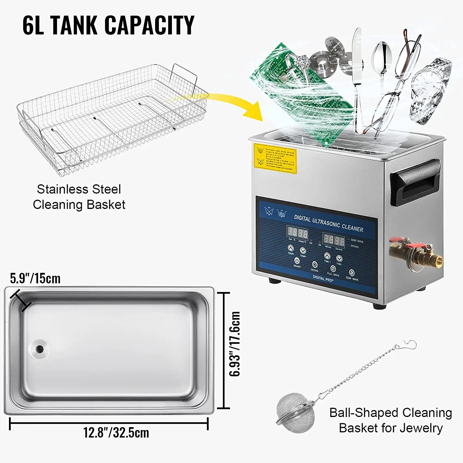 Ultrasonic Jewelry Cleaner Digital Timer - 6L Profesyonel Ultrasonik Temizleyici Takı/Gözlük/Aletler Dijital